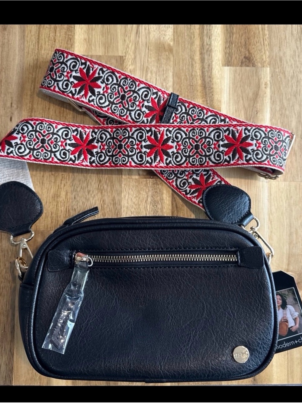 Black Crossbody Bag with Embroidered Red Strap